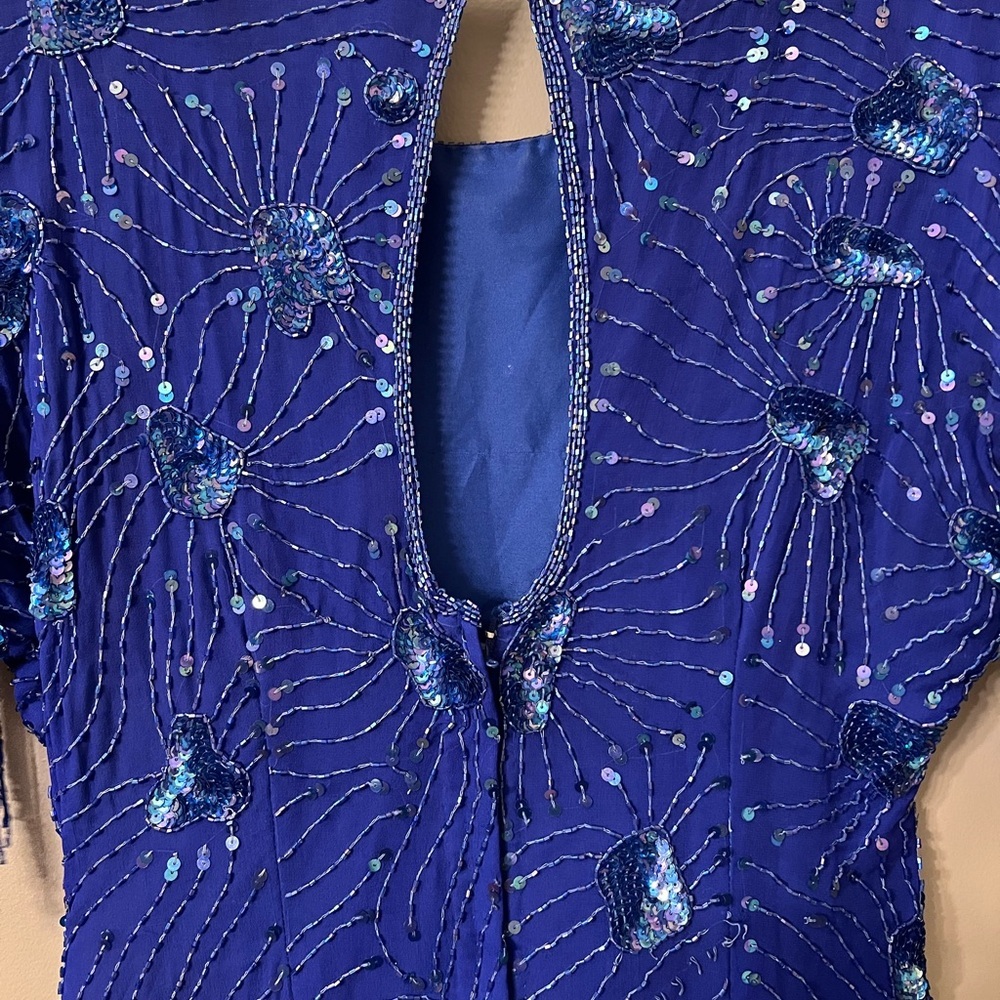 Stenay Vintage Royal Blue Sequin Beaded Tassel Cocktail Dress 100% Silk - Picture 11 of 15